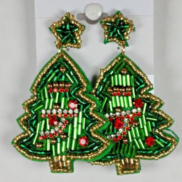 Handmade Beaded Xmas Holiday Seasonal Christmas Tree Post Earrings Multicolor - Picture 4 of 14